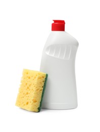 Photo of Sponge and dish soap isolated on white