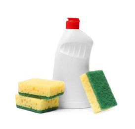 Photo of Sponge and dish soap isolated on white