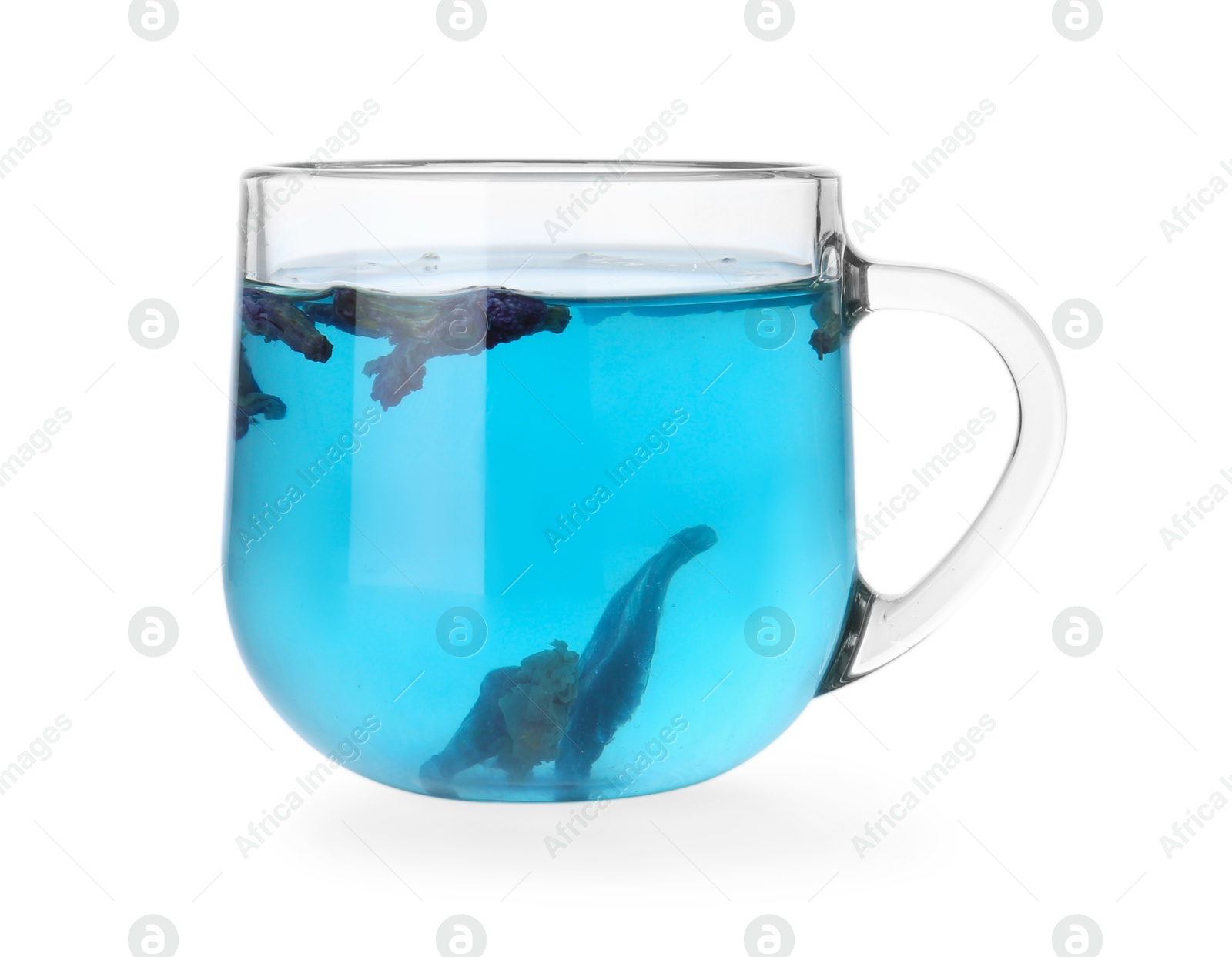 Photo of Delicious butterfly pea flower tea in glass cup isolated on white