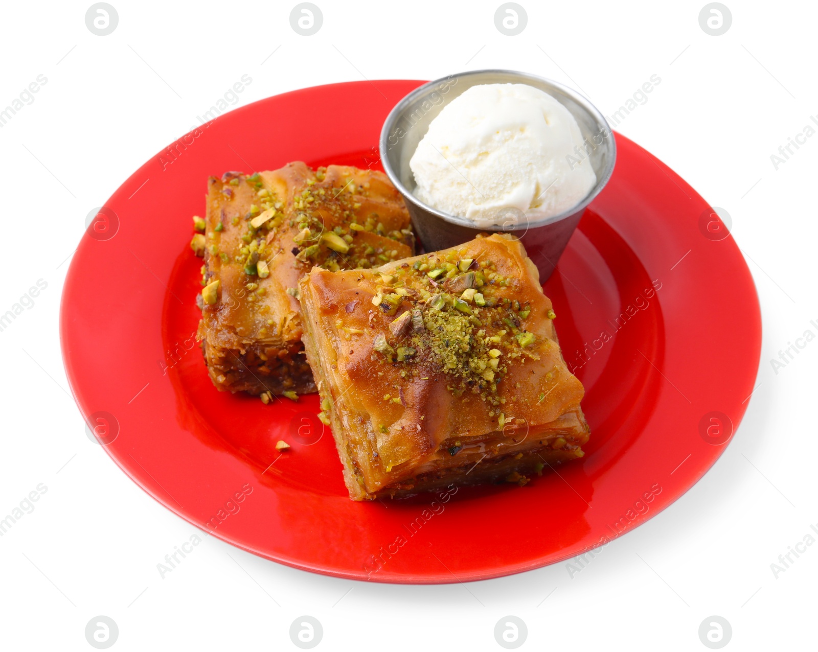 Photo of Tasty baklava with chopped nuts and scoop of ice cream isolated on white