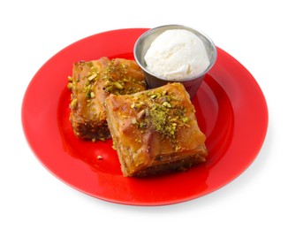 Photo of Tasty baklava with chopped nuts and scoop of ice cream isolated on white