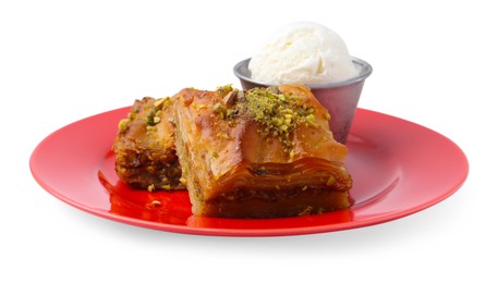 Tasty baklava with chopped nuts and scoop of ice cream isolated on white