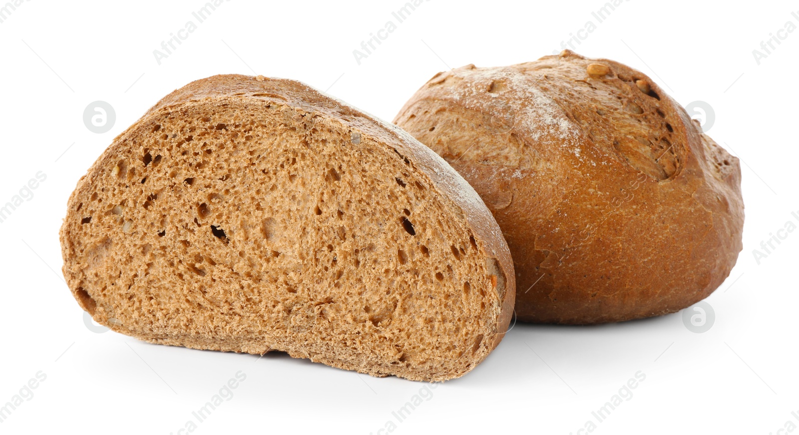 Photo of Whole and cut bread isolated on white