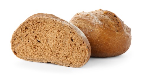 Photo of Whole and cut bread isolated on white