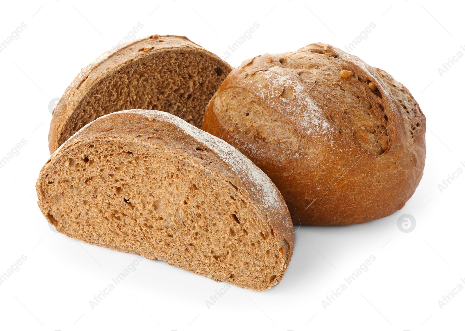 Photo of Whole and halves of bread isolated on white