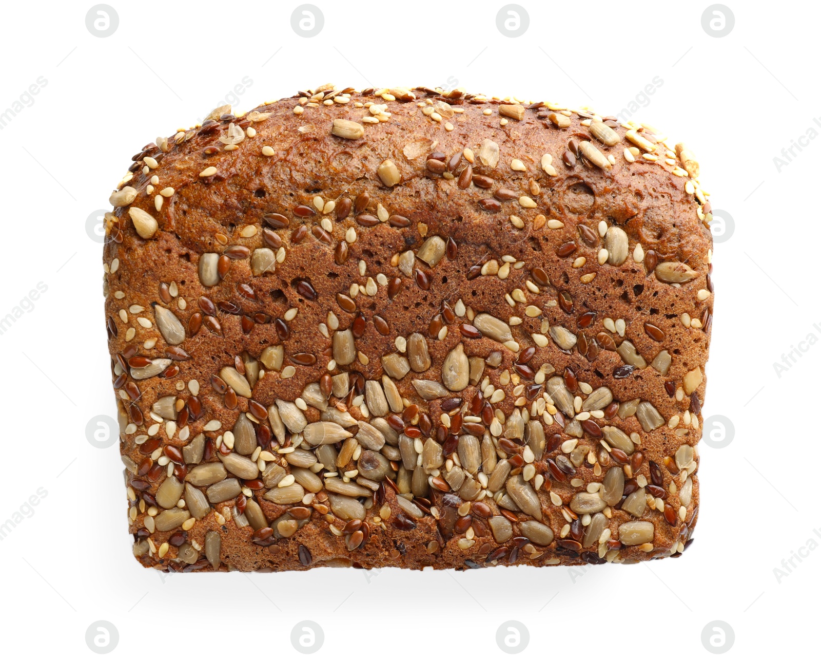 Photo of One freshly baked bread with seeds isolated on white, top view