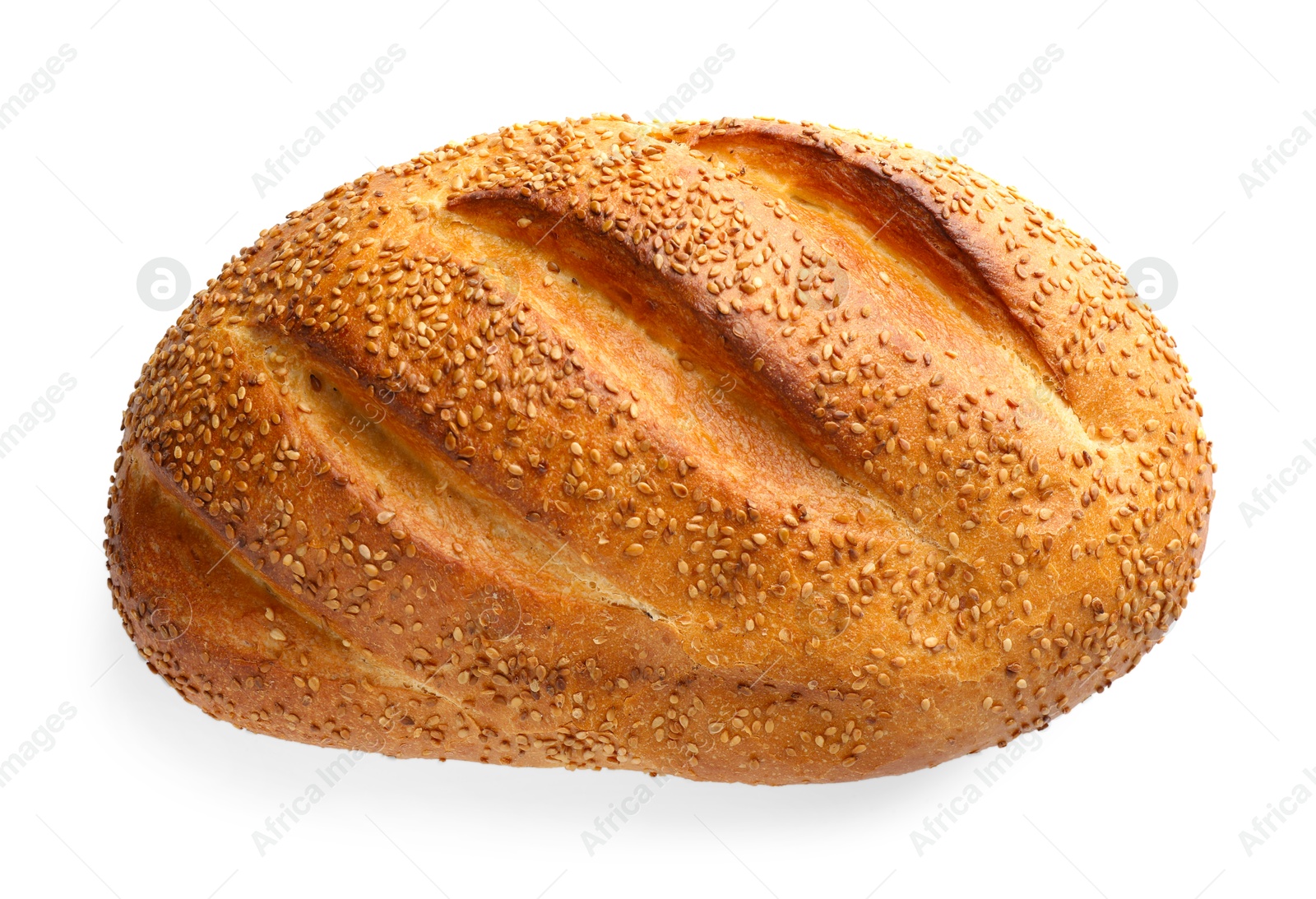 Photo of One freshly baked bread with seeds isolated on white, top view