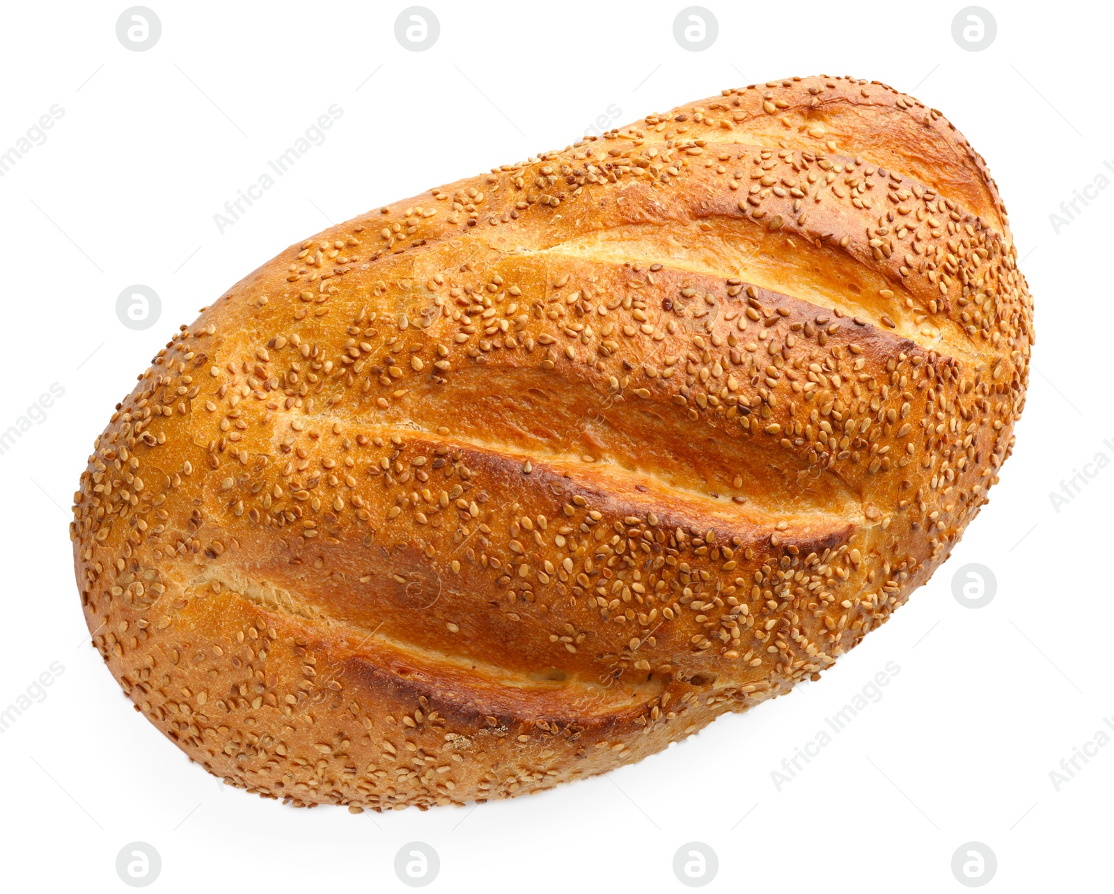 Photo of One freshly baked bread with seeds isolated on white, top view