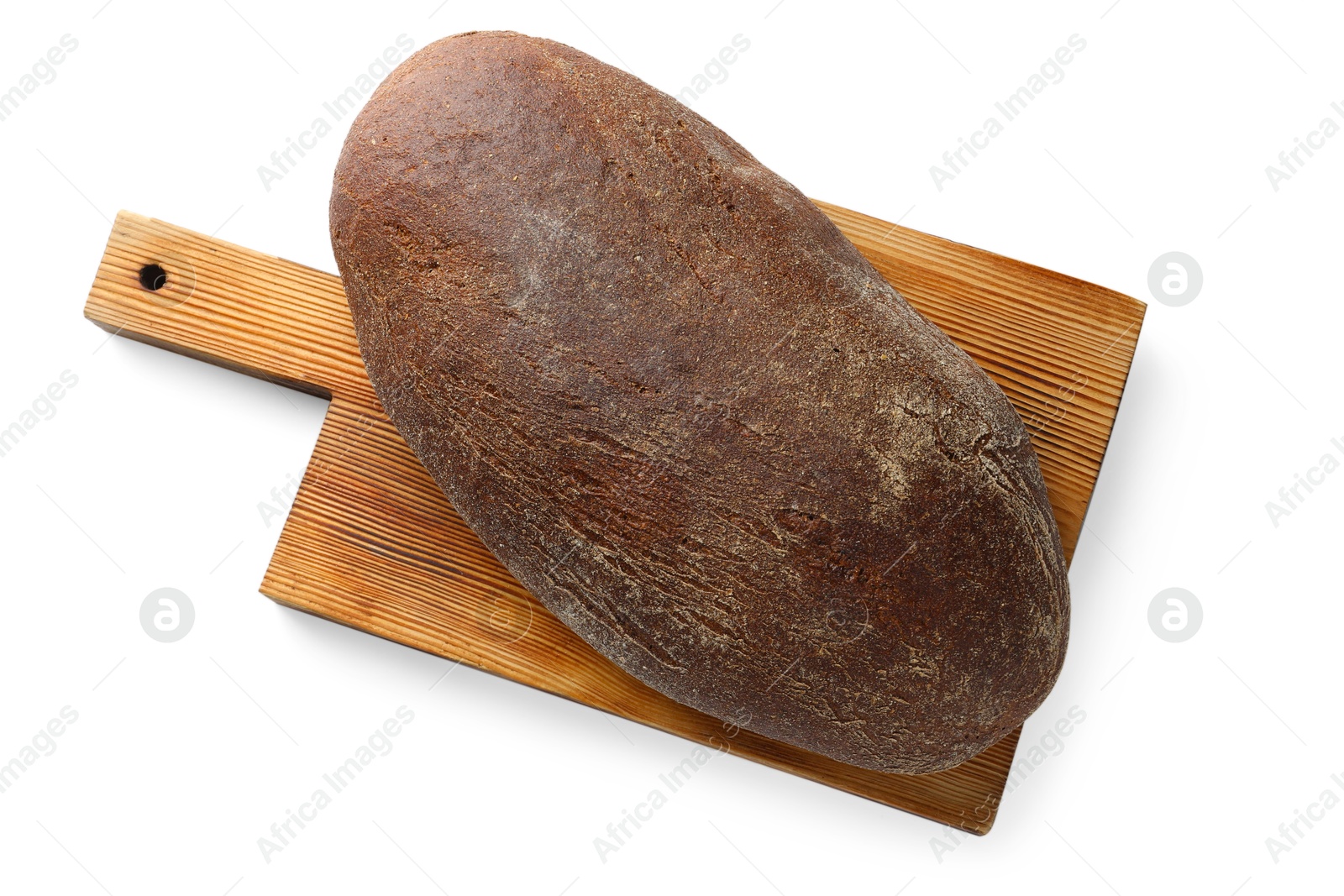 Photo of Freshly baked bread isolated on white, top view