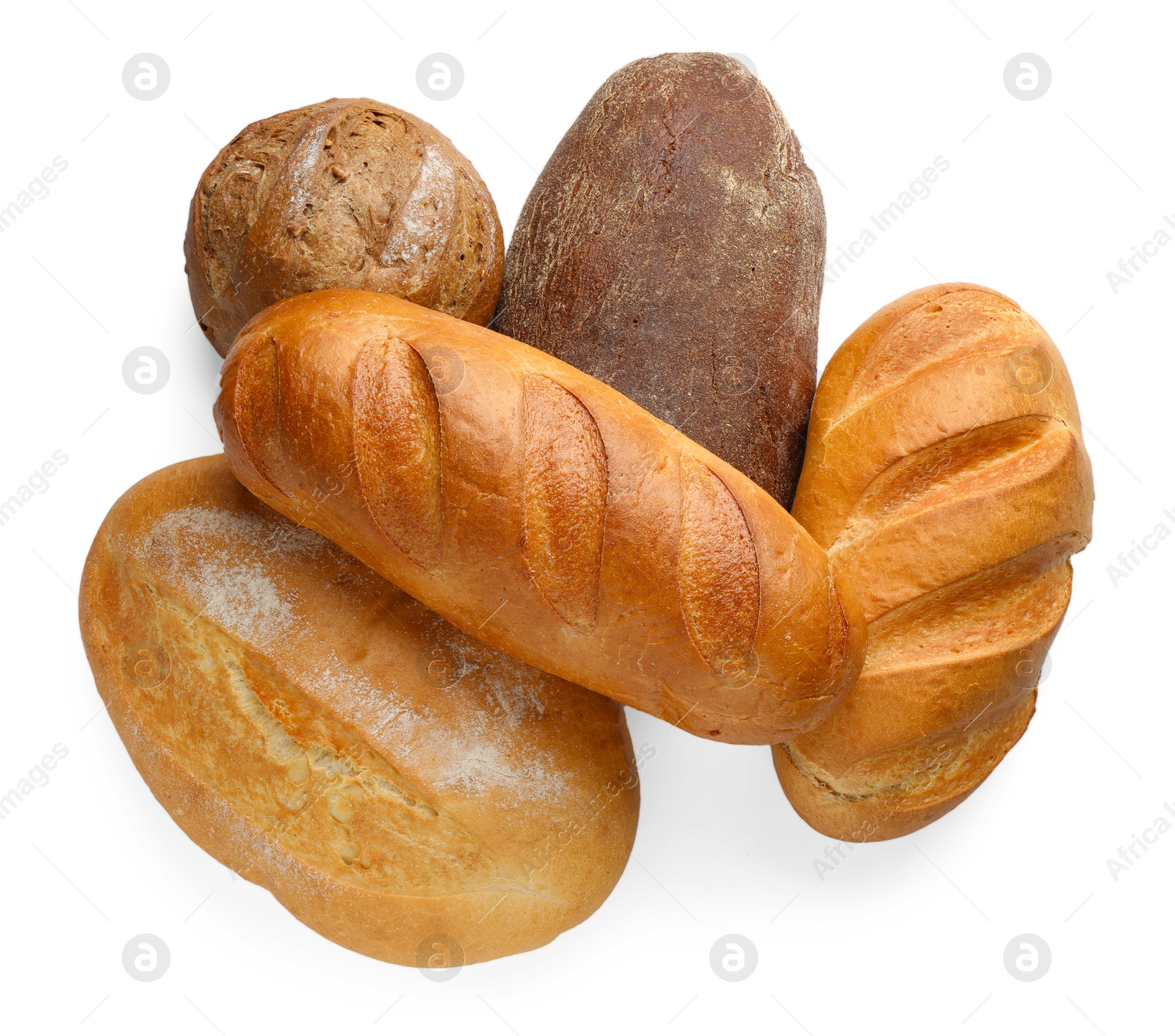 Photo of Different freshly baked bread loafs isolated on white, top view