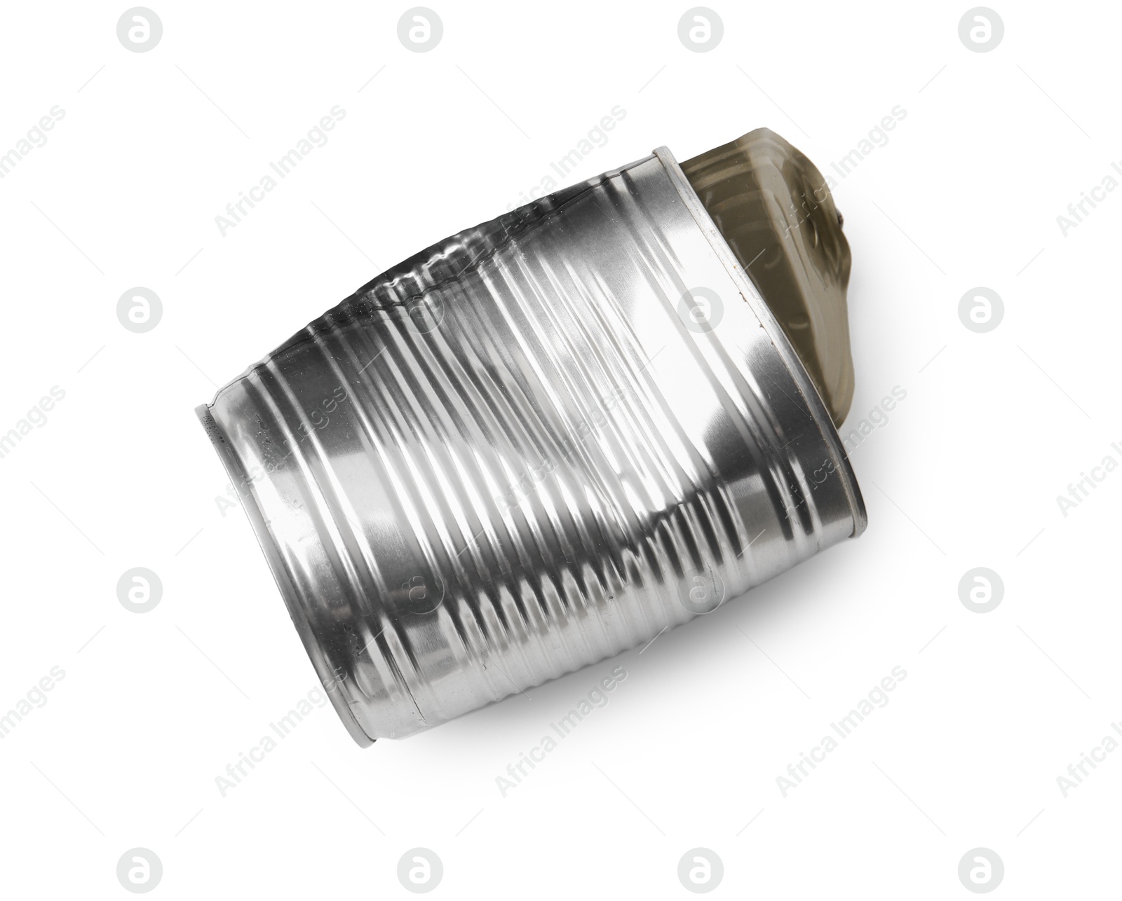 Photo of One crumpled tin can isolated on white, top view