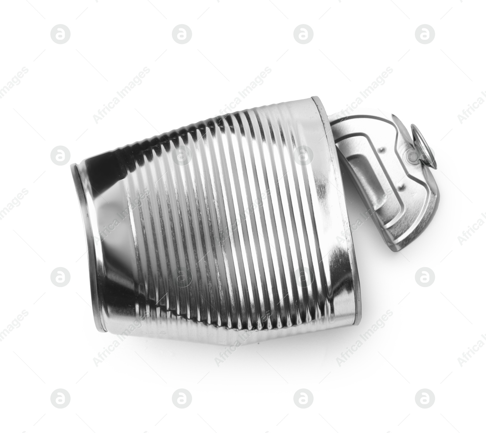 Photo of One crumpled tin can isolated on white, top view