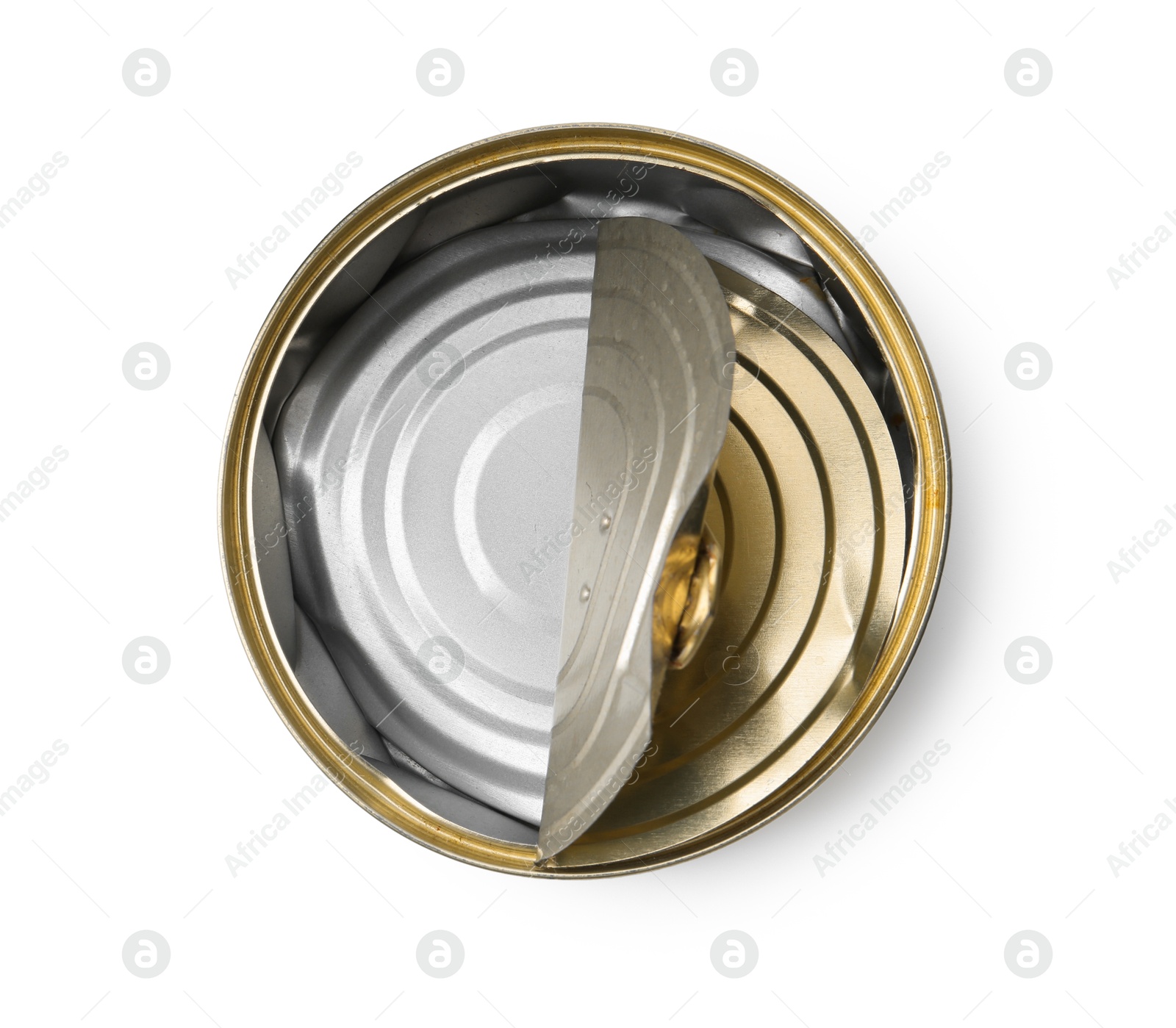 Photo of One crumpled tin can isolated on white, top view