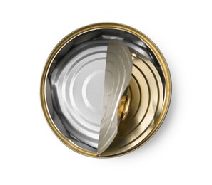 Photo of One crumpled tin can isolated on white, top view