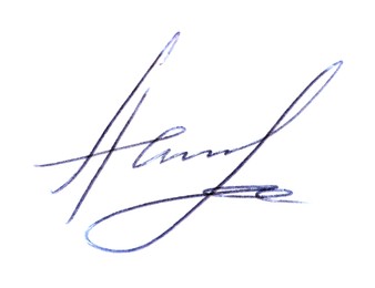 Photo of Beautiful signature made with pen isolated on white, top view