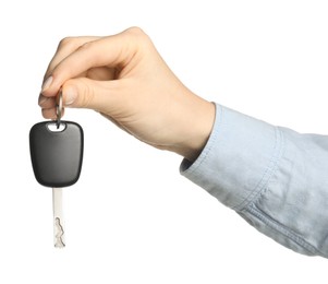 Photo of Woman with car key on white background, closeup