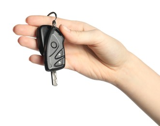 Photo of Woman with car keys on white background, closeup