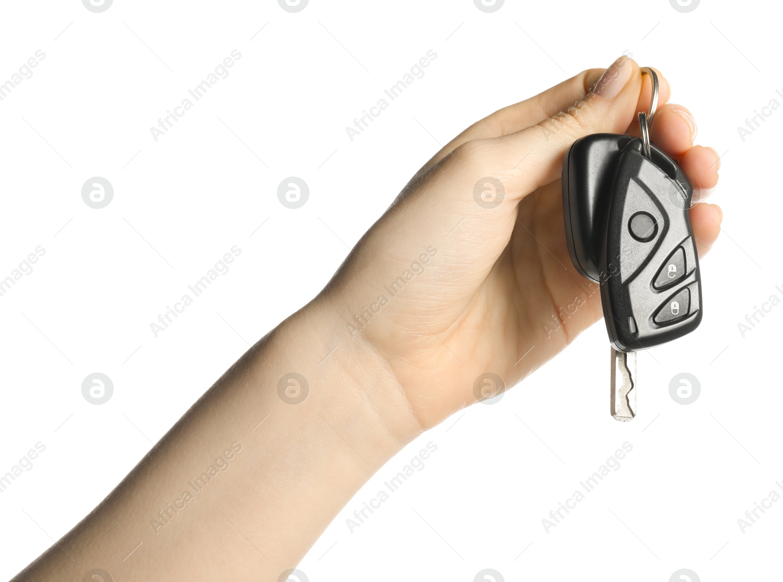 Woman with car keys on white background, closeup Photo of Woman with car keys on white background, closeup