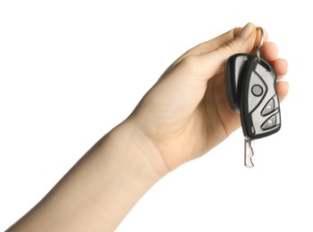 Photo of Woman with car keys on white background, closeup