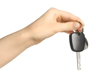 Photo of Woman with car key and keychain on white background, closeup