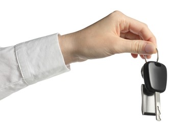 Photo of Woman with car key and keychain on white background, closeup