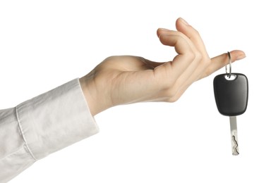 Photo of Woman with car key on white background, closeup