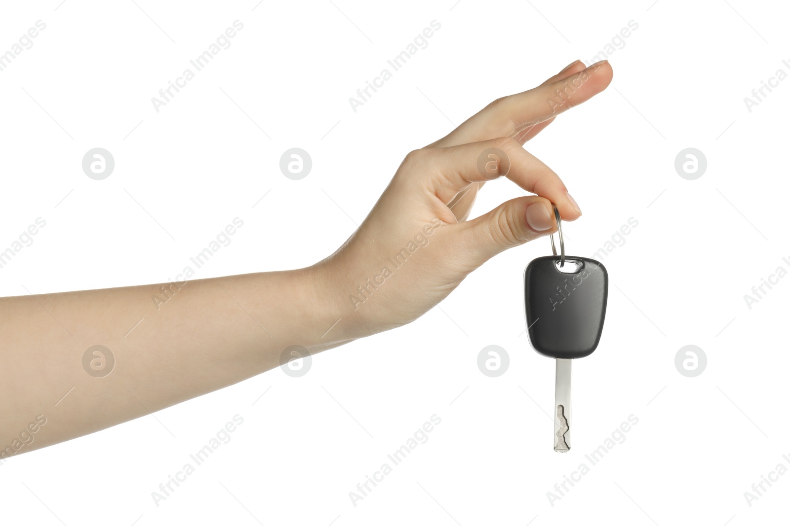 Woman with car key on white background, closeup Photo of Woman with car key on white background, closeup