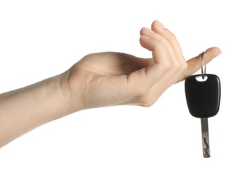 Photo of Woman with car key on white background, closeup