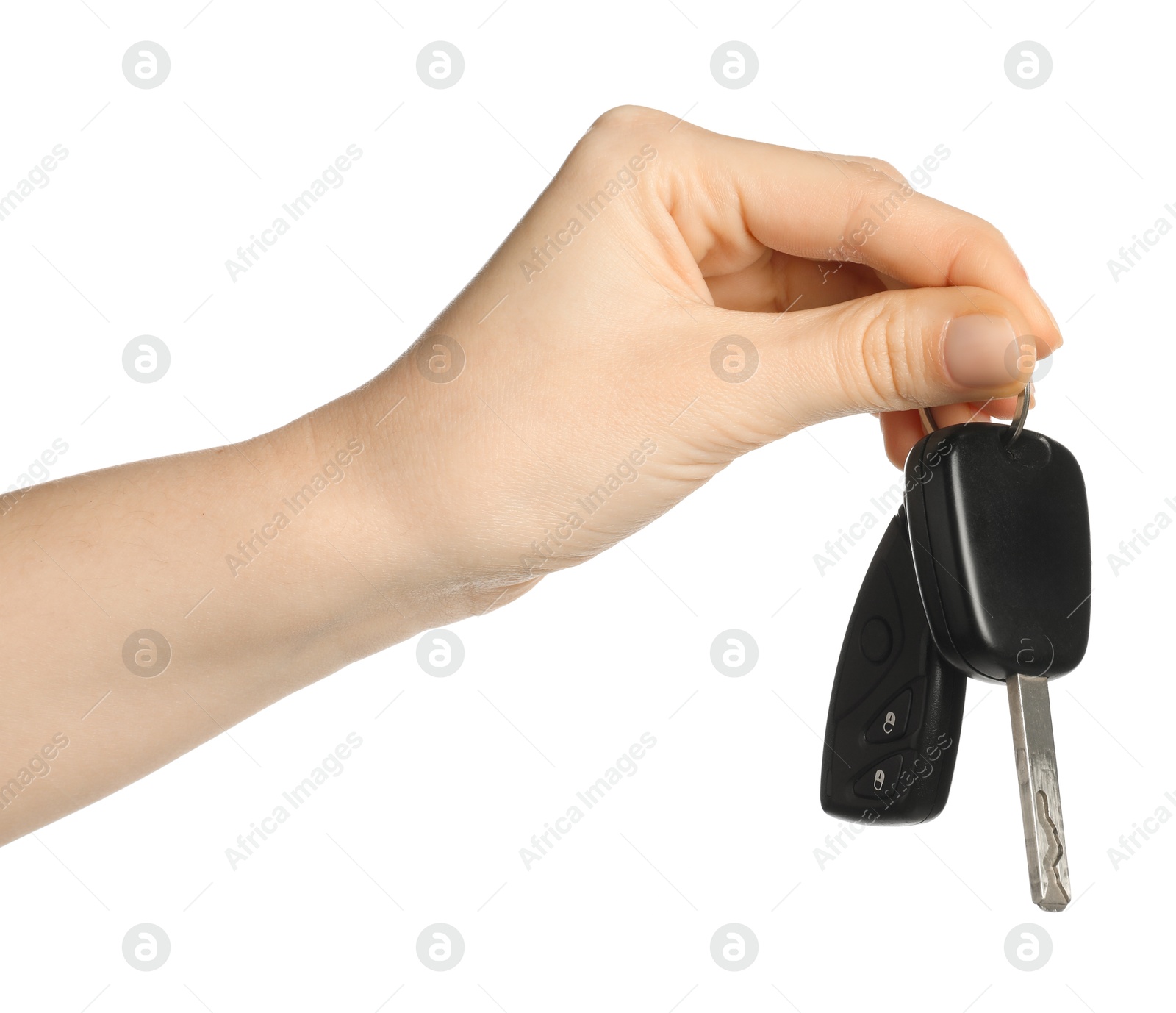 Woman with car keys on white background, closeup Photo of Woman with car keys on white background, closeup