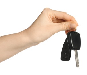 Photo of Woman with car keys on white background, closeup