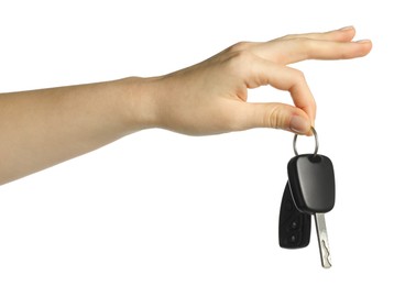 Photo of Woman with car keys on white background, closeup