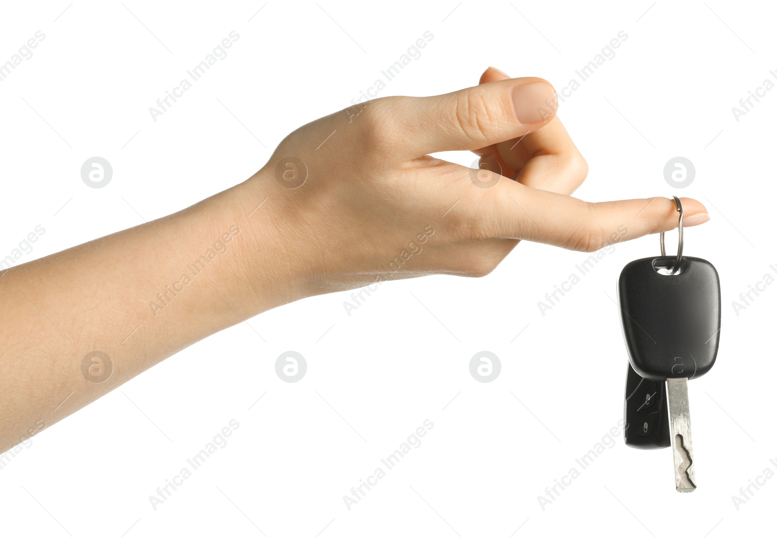 Woman with car keys on white background, closeup Photo of Woman with car keys on white background, closeup