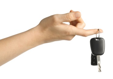 Photo of Woman with car keys on white background, closeup