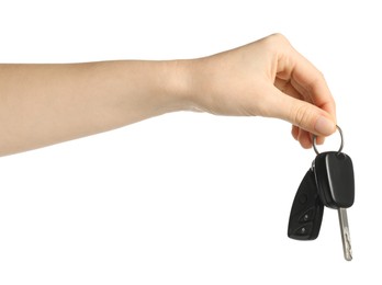 Photo of Woman with car keys on white background, closeup