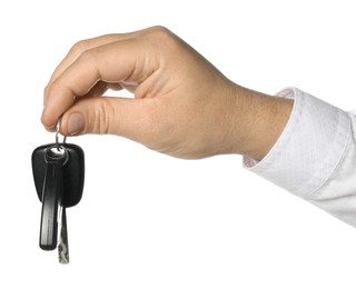 Photo of Man with car keys on white background, closeup