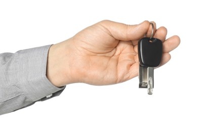 Photo of Man with car key and keychain on white background, closeup