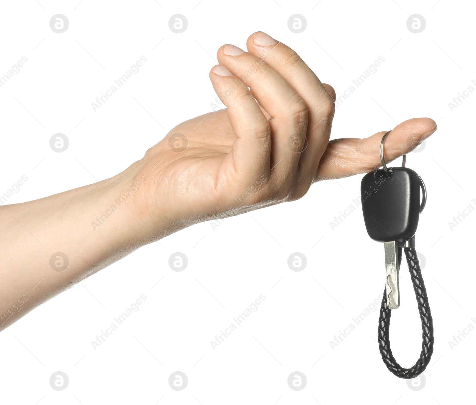 Photo of Man with car key and keychain on white background, closeup