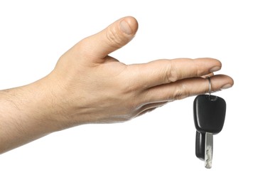 Photo of Man with car keys on white background, closeup