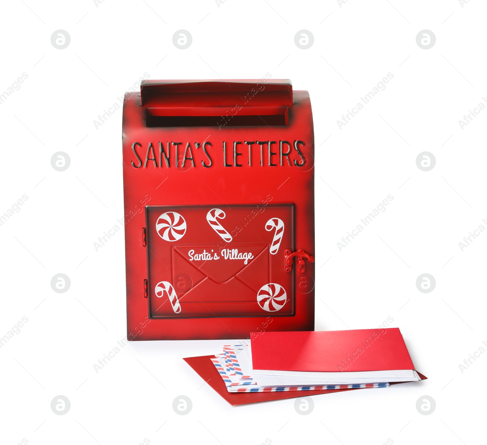 Photo of Santa Claus mail box with letters isolated on white. Christmas tradition