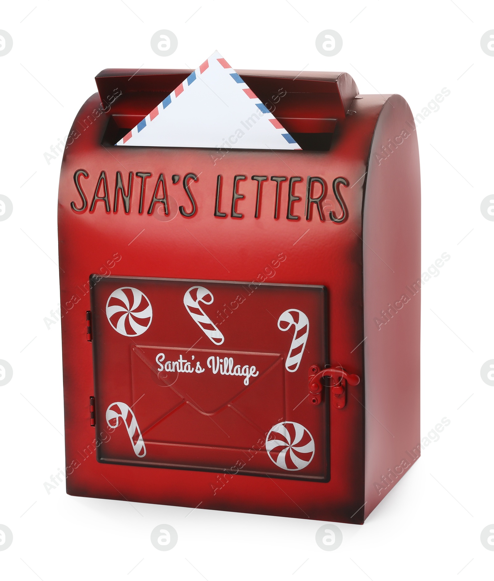 Photo of Santa Claus mail box with letter isolated on white. Christmas tradition