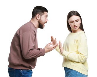 Photo of Angry couple arguing and screaming on white background