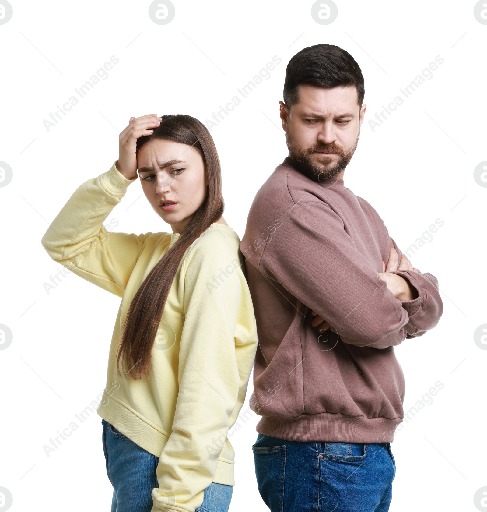 Photo of Resentful couple on white background. Relationship problem