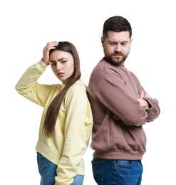 Photo of Resentful couple on white background. Relationship problem