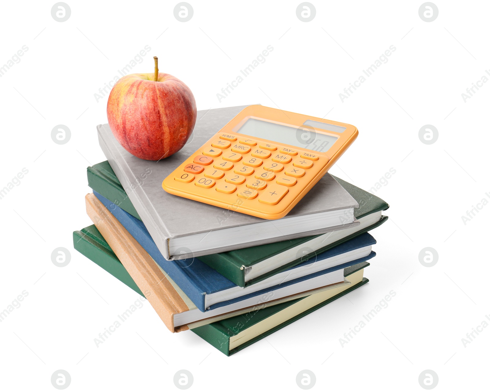 Photo of Stack of books, calculator and apple isolated on white