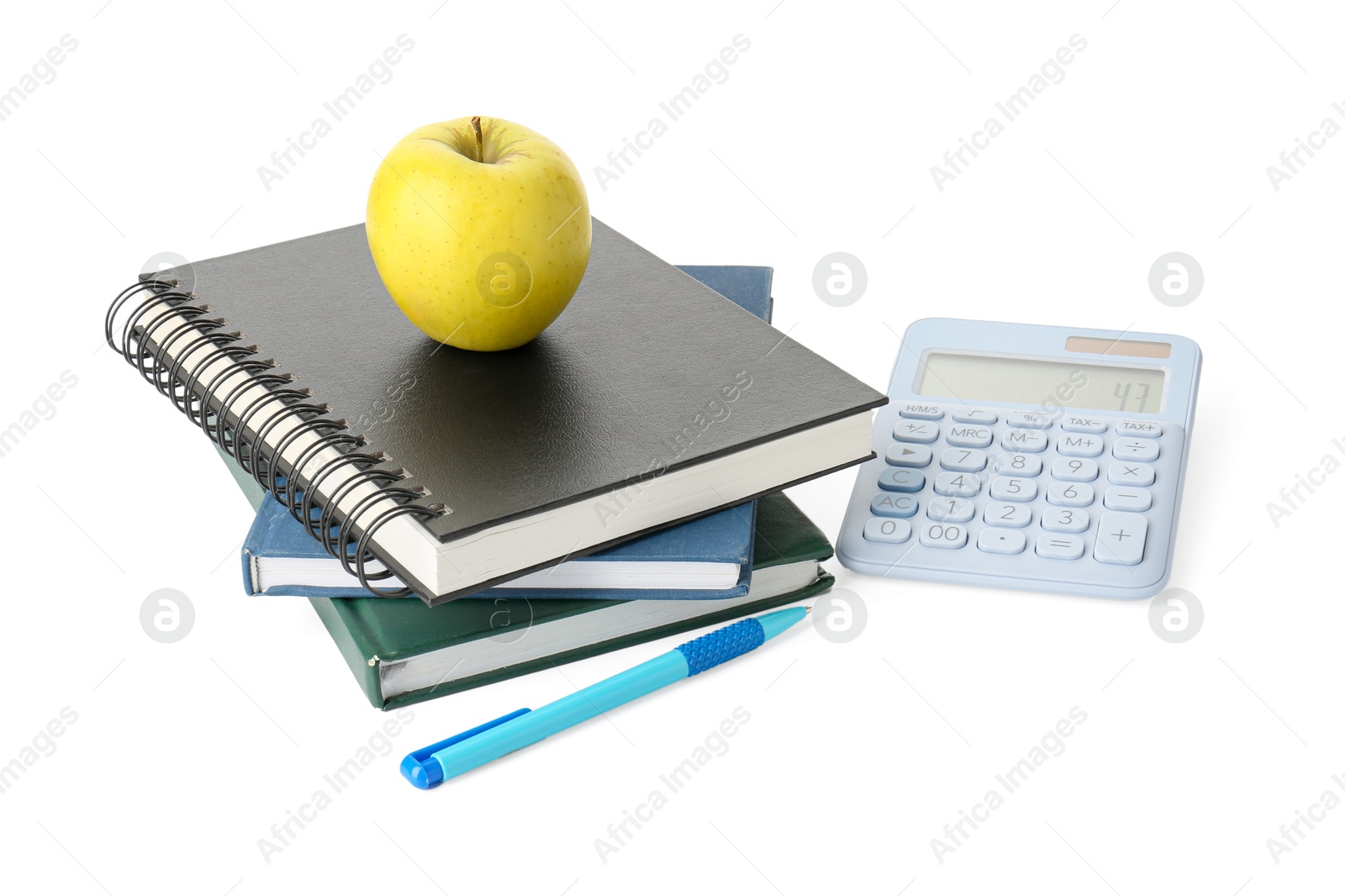 Photo of Notebooks, apple, pen and calculator isolated on white