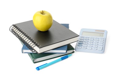 Photo of Notebooks, apple, pen and calculator isolated on white