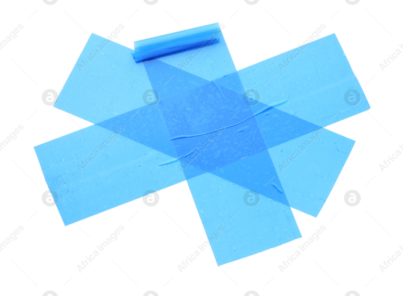 Photo of Strips of light blue adhesive tape on white background, top view