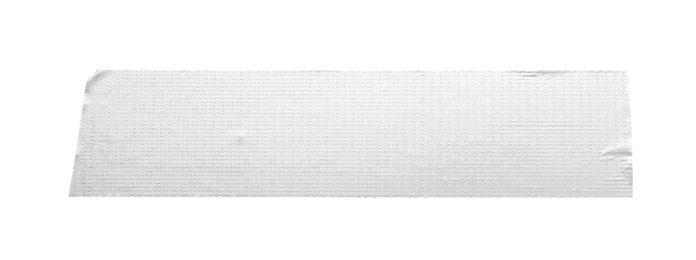 Photo of Strip of silver adhesive tape on white background, top view