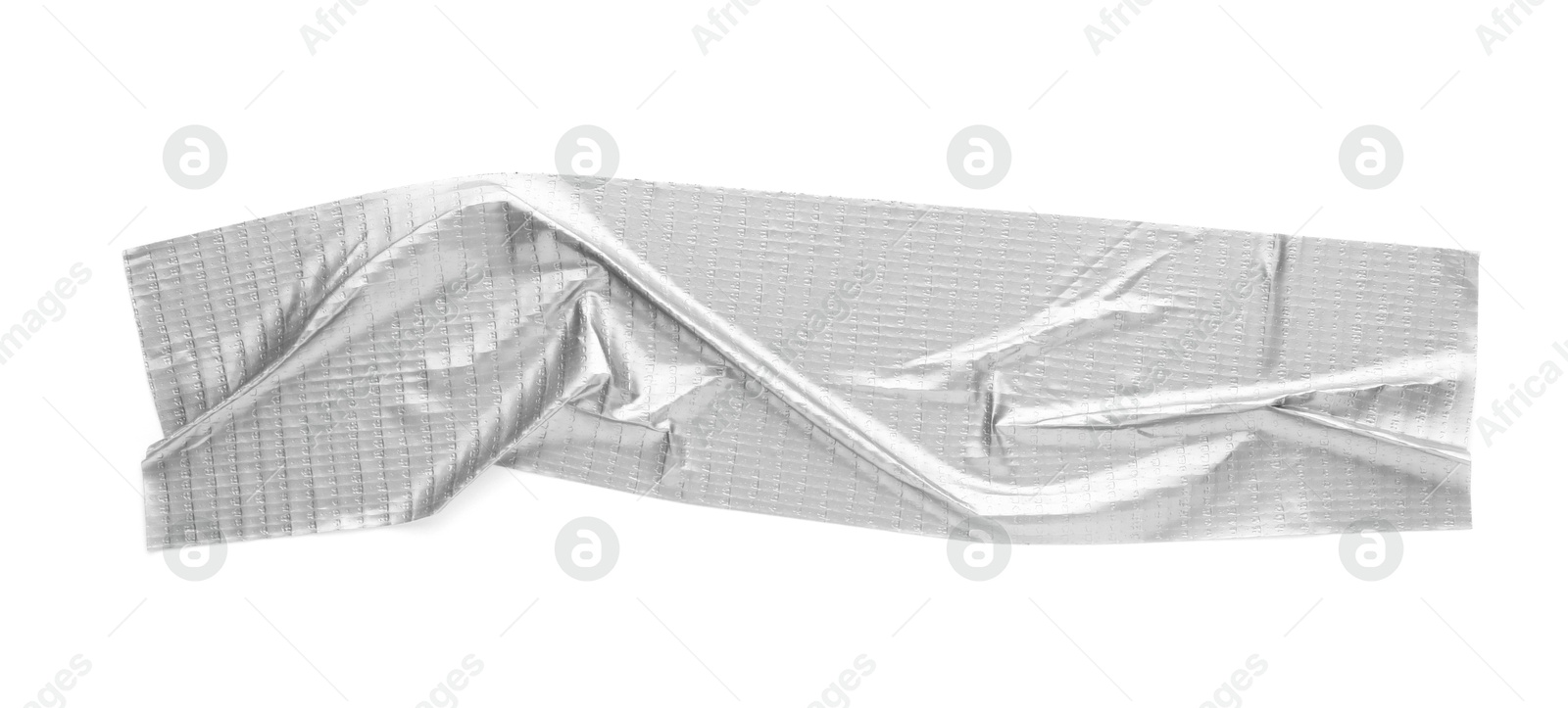 Photo of Strip of silver adhesive tape on white background, top view