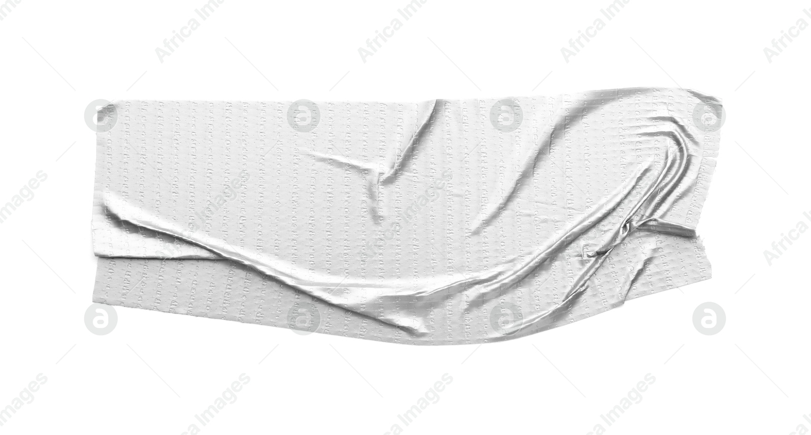 Photo of Wrinkled strip of silver adhesive tape on white background, top view